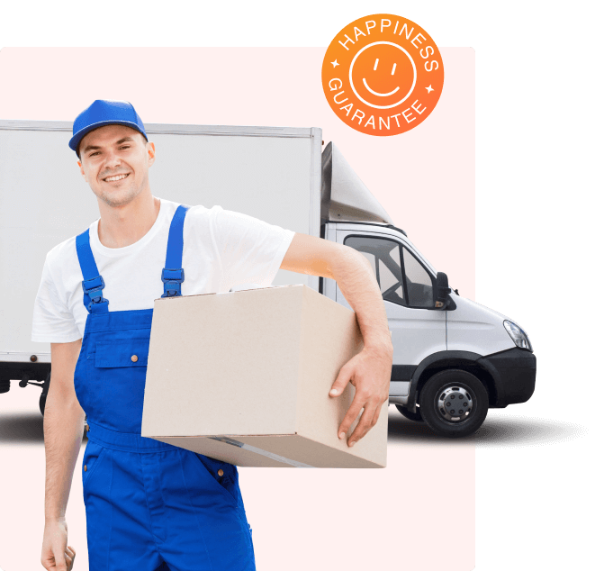 happy man with a van holding moving box